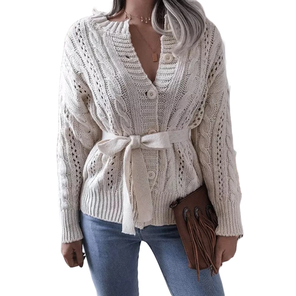 Women Open Front Sweater with Waistband, Solid Color Knitted Cardigan