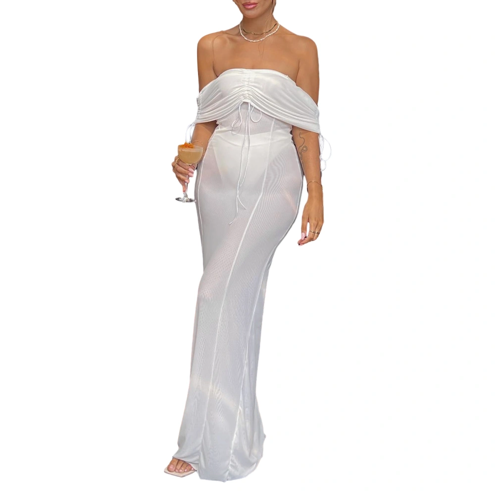 Women's Summer White Short Sleeve Off Shoulder Sheer Tie Up Dress