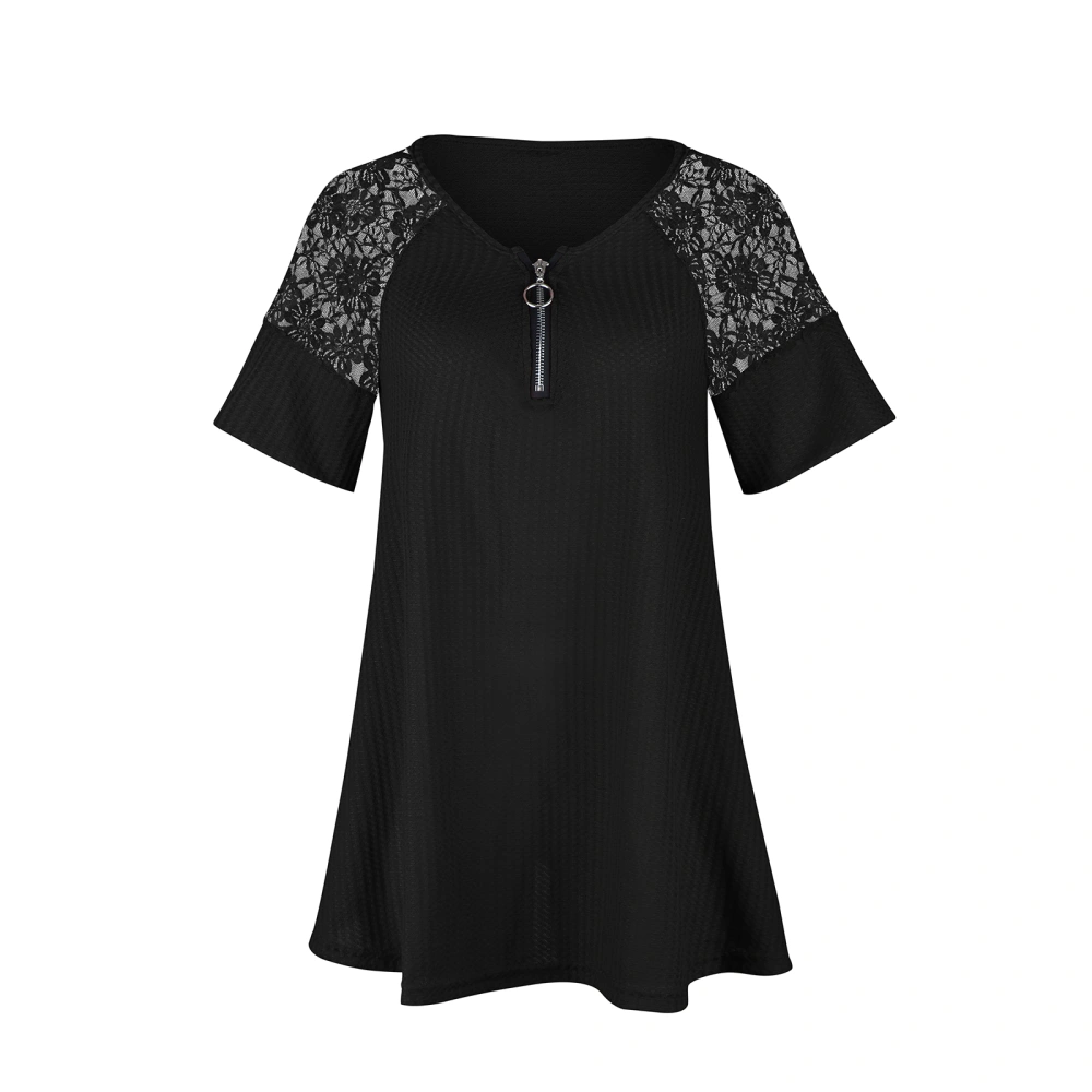 Women Floral Embroidery T-shirt, Irregular Hem Lace Sleeve Pullover