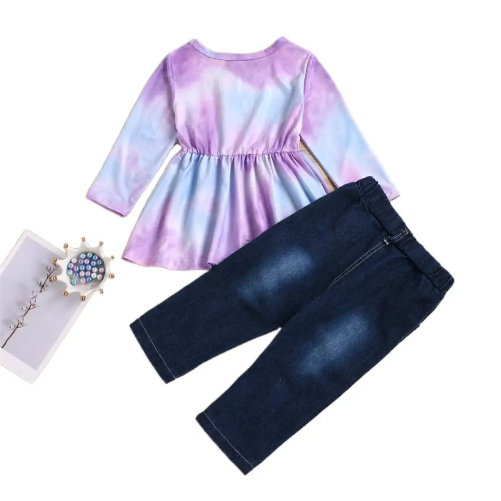 Girl's Casual Suit, Round Neck Long Sleeve Tie-dye Top, Ripped Loose Jeans