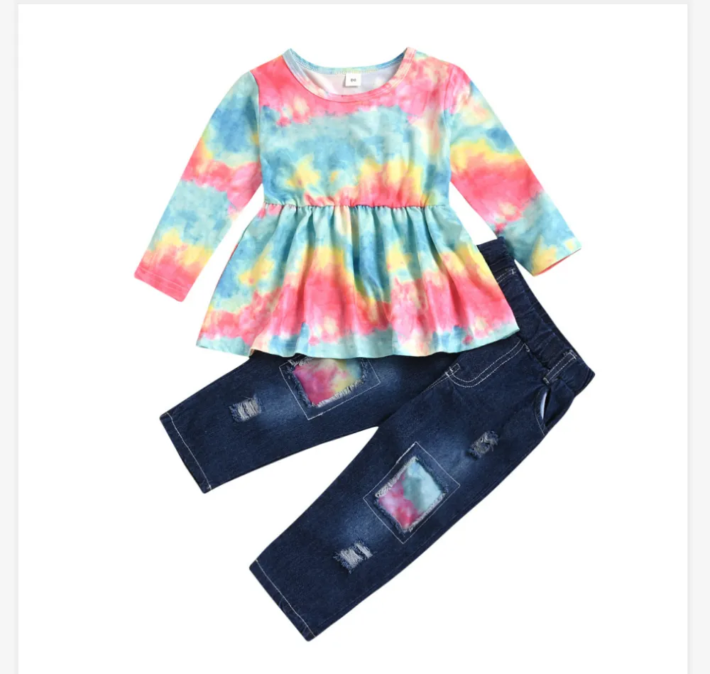 Baby Girl's Long Sleeve Tie Dye Print Flare Ruffle Top + Ripped Jeans