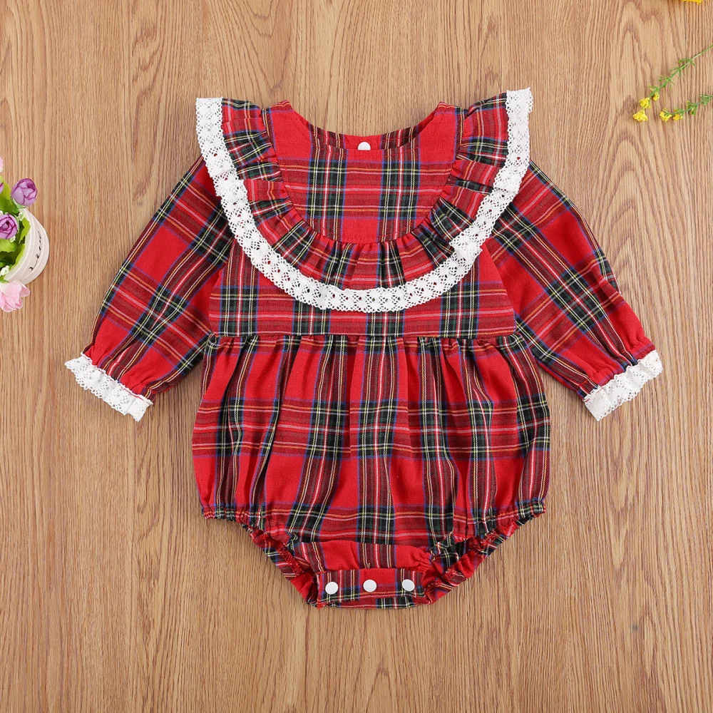 Baby Xmas Romper, Plaid Printed Long Sleeve Flounce Lace Romper, 0-24 Months