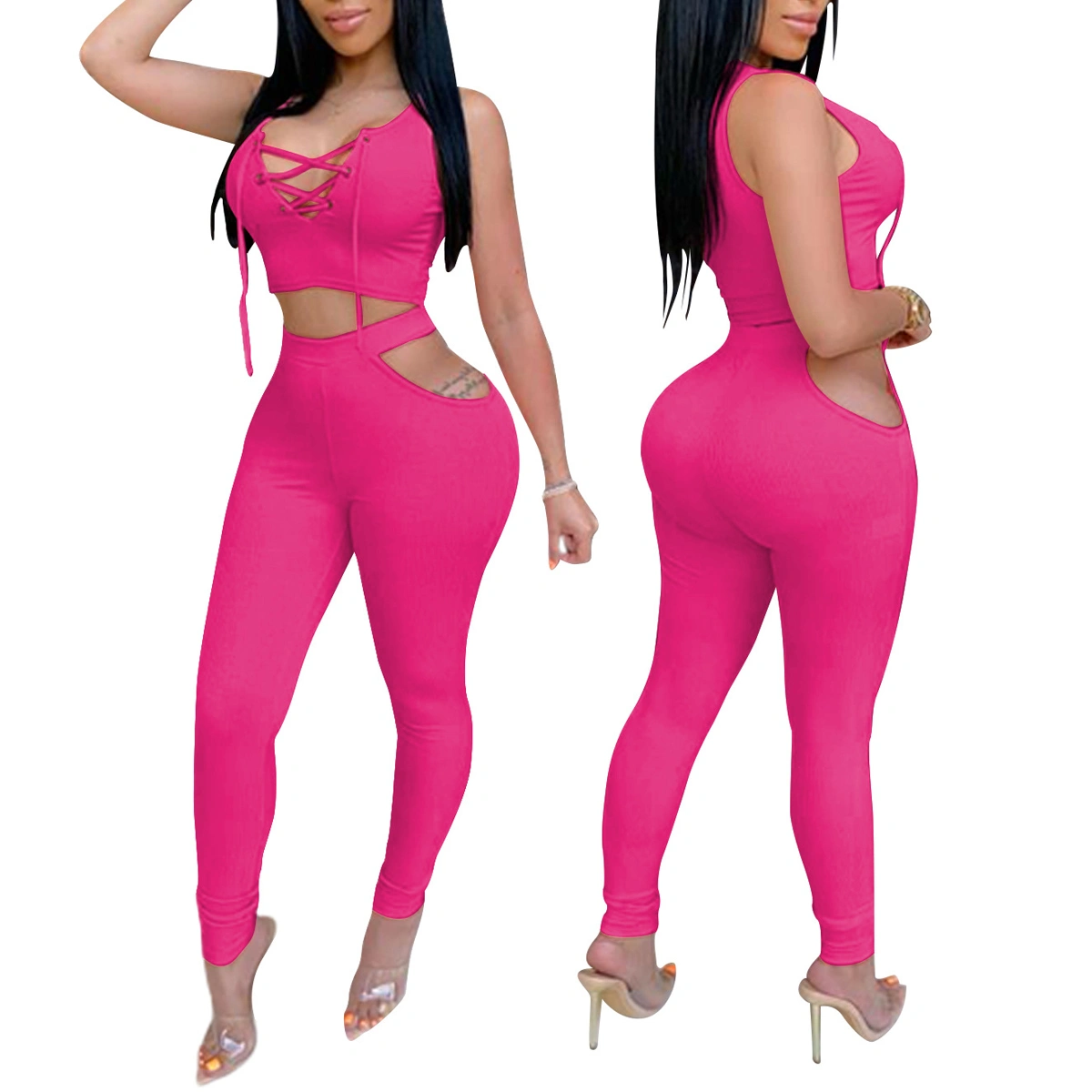 Women's Tie Up V Neck Wrap Cami Tops + Cut Out Long Pants Outfits