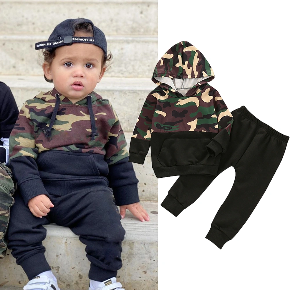 Boys 2 Pieces Outfit, Hooded Camouflage Long Sleeve Tops + Trousers Suit