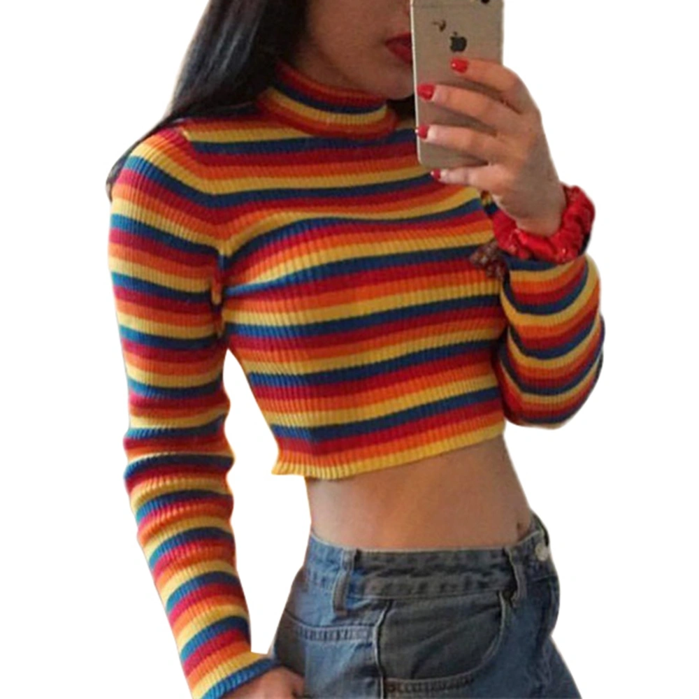 Women Crop Tops, Long Sleeve Rainbow Stripe Slim Fit Sweater