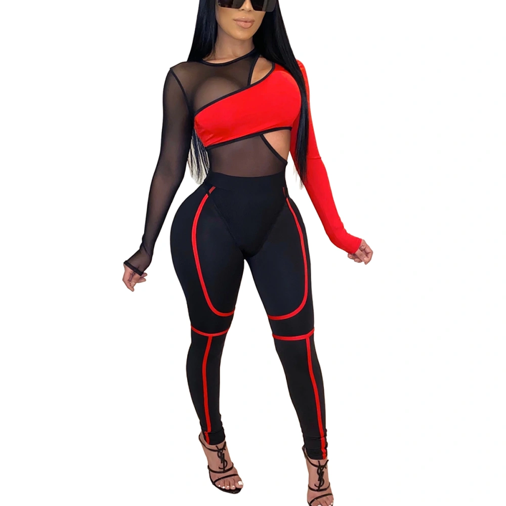 Women's Contrast Color Clothing Set, Cutout Bodysuit + Tight Trousers