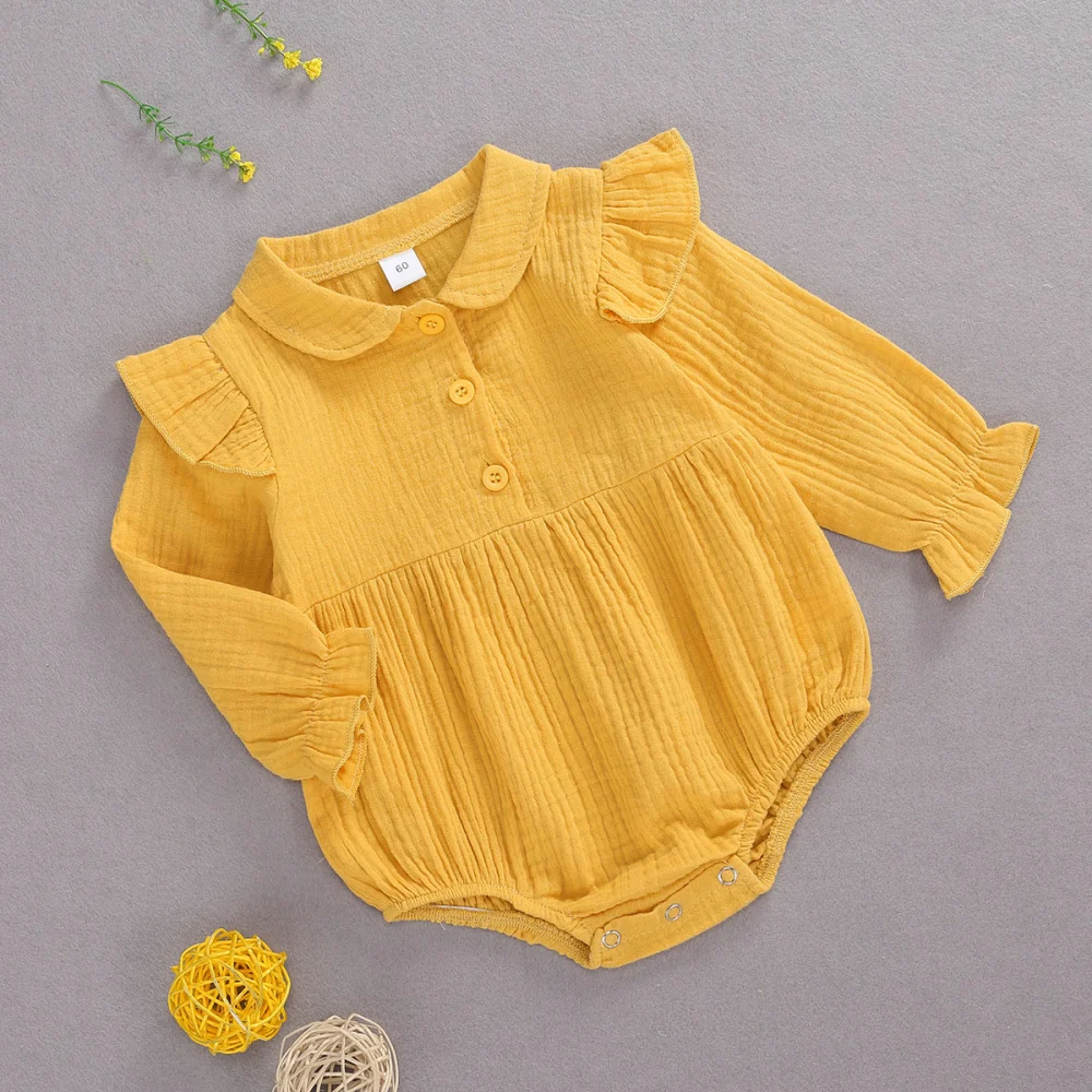 Girl Long Sleeve Romper, Solid Color Jumpsuit, Doll Collar Bodysuit