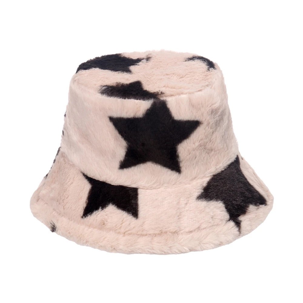 Adult Plush Bucket Hat Winter Warm Star Print Fluffy Fisherman Cap 