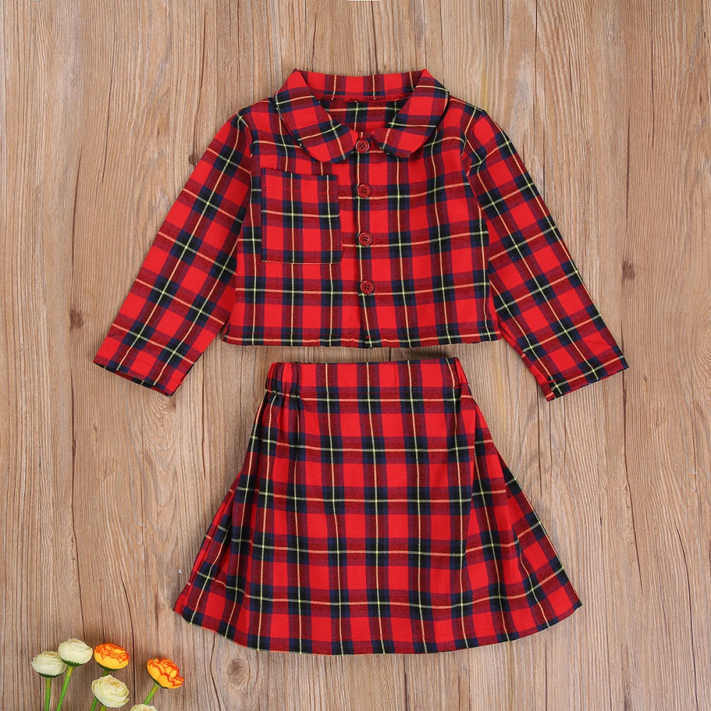 Girl's Long Sleeve Turn Down Collar Plaid Tops + Plaid A-Line Skirt