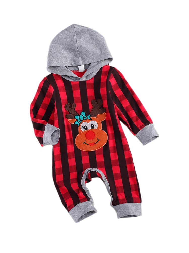 Toddler Christmas Romper, Lattice Reindeer Long Sleeve Hooded Jumpsuit