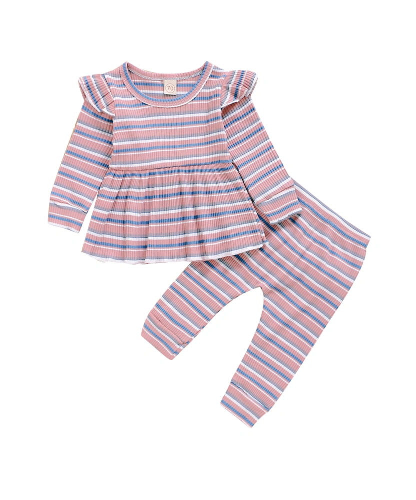 Baby Girl's Two-Piece Suit, Stripe Ruffle Long Sleeve Tops + Pants