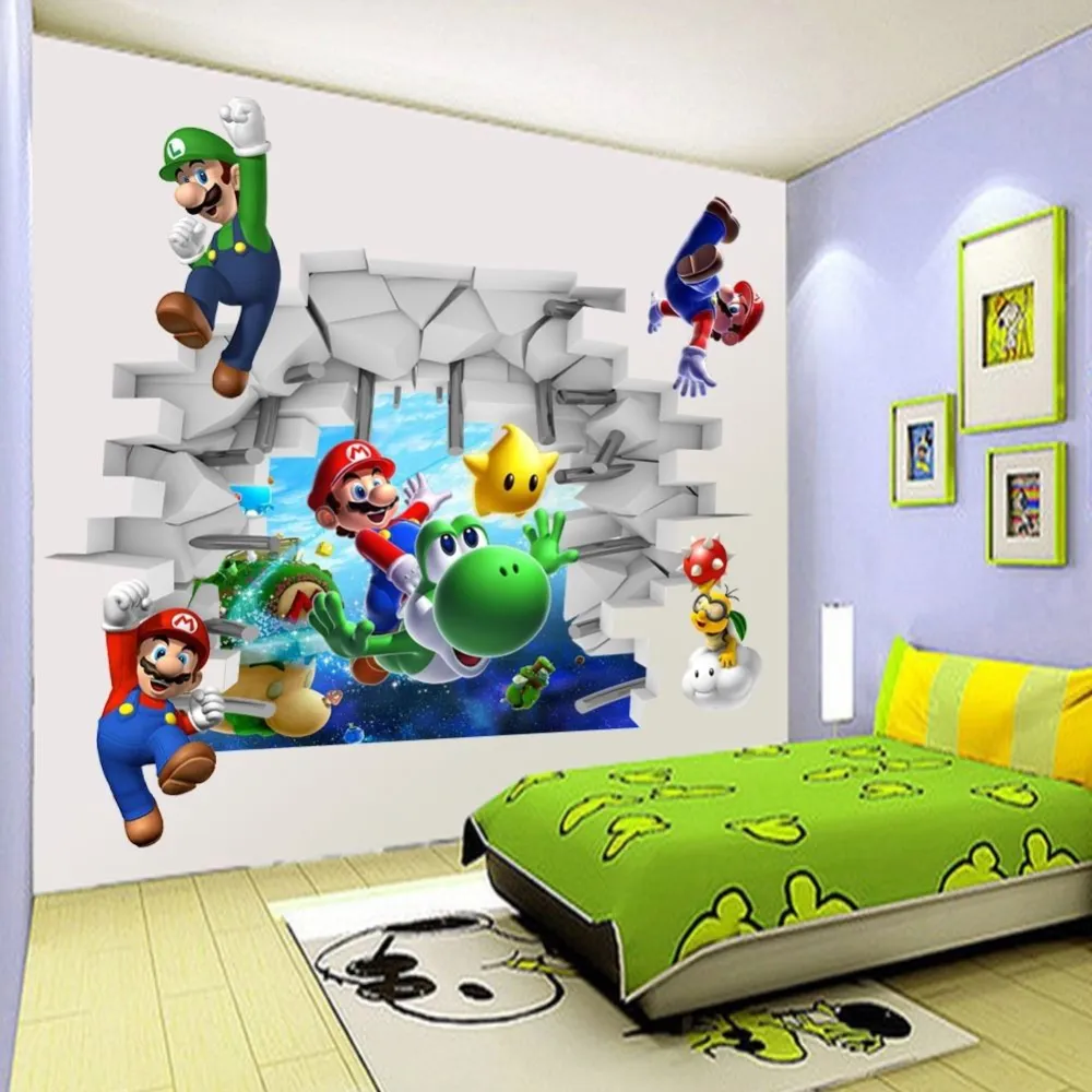 3D Anime Game Art Wall Stickers Cartoon Super Mario Bros Removable Room Poster