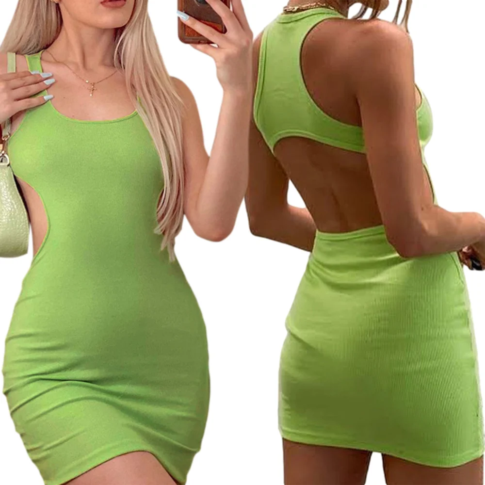 Sheath Dress, Sleeveless Solid Color U-shaped Neck Cutout One-piece