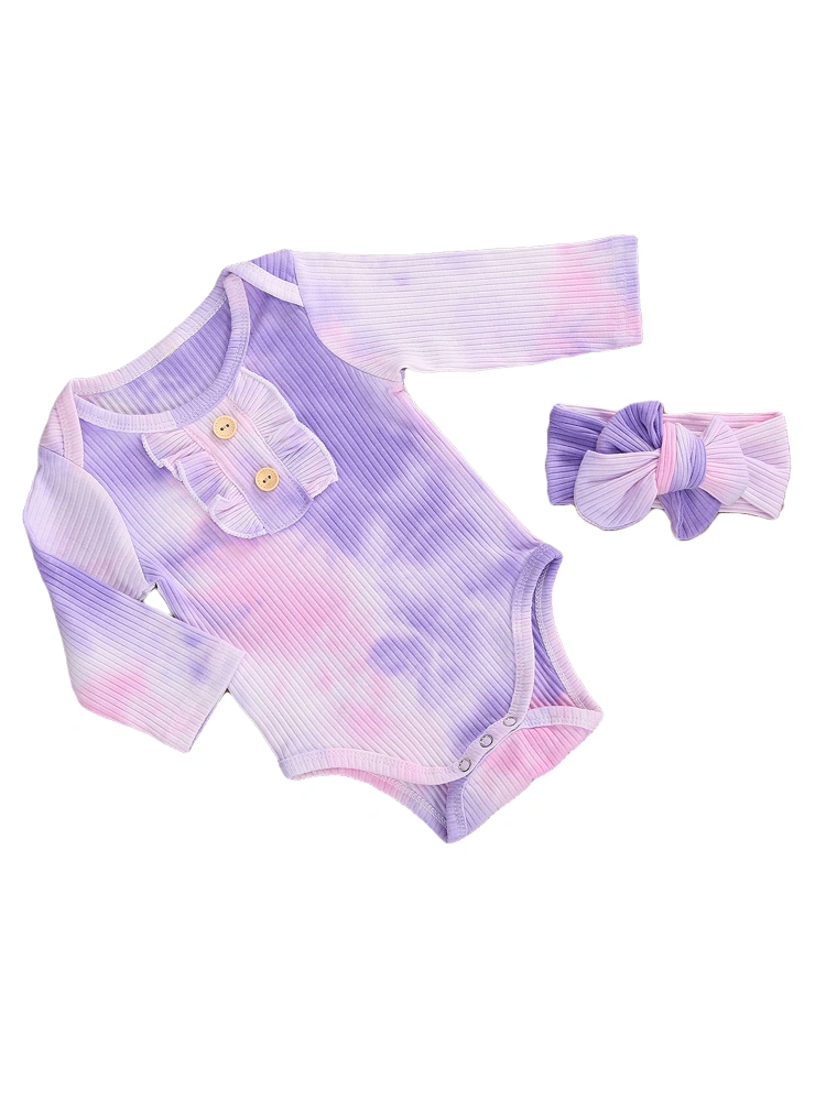 Baby Girls Tie-dye Clothes Set Long Sleeve Ribbed Knit Ruffle Romper+Headband