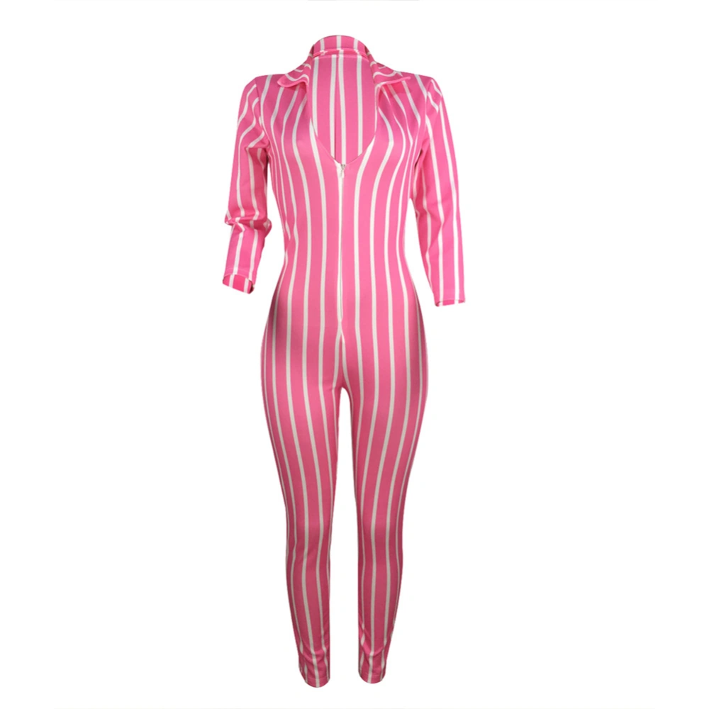 Women Striped Zip-up Long Romper, Long Sleeve Deep V-neck Jumpsuit