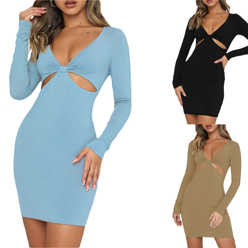 Women Sheath Dress, Ribbed Long Sleeve V-neck Cutout One-piece