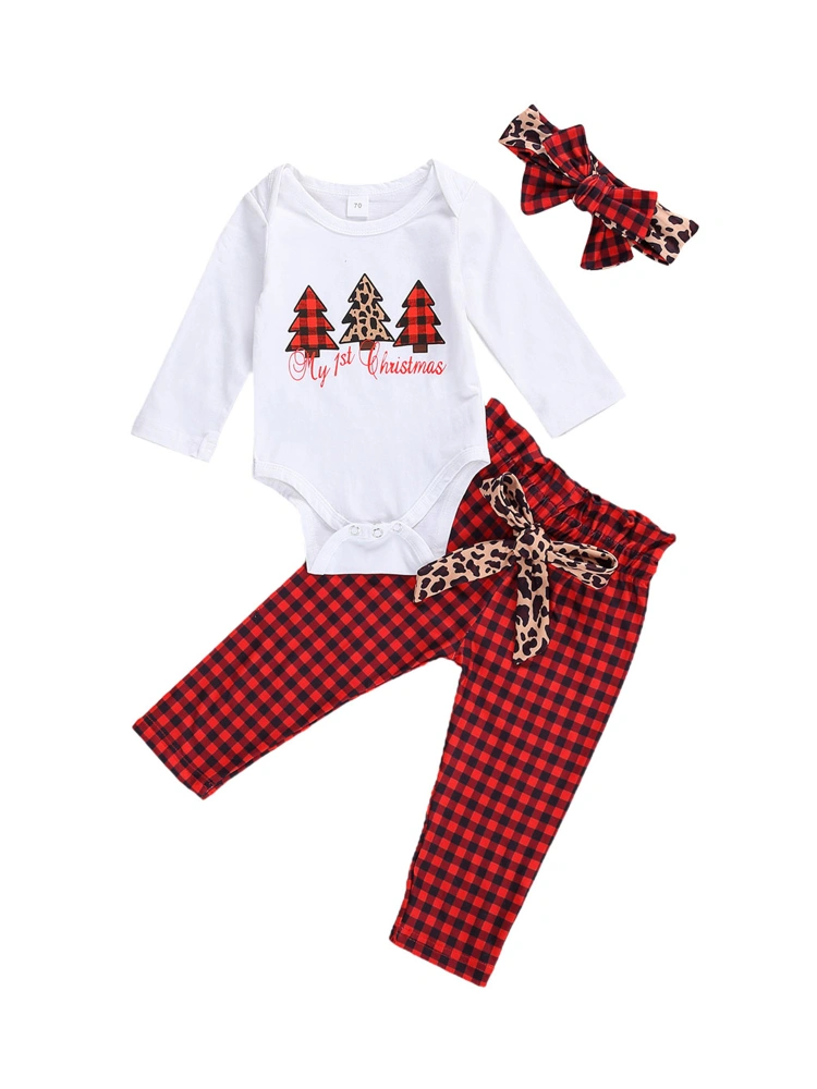 Baby's Christmas Suit, Long Sleeve Romper, Plaid/Leopard Trousers, Headband