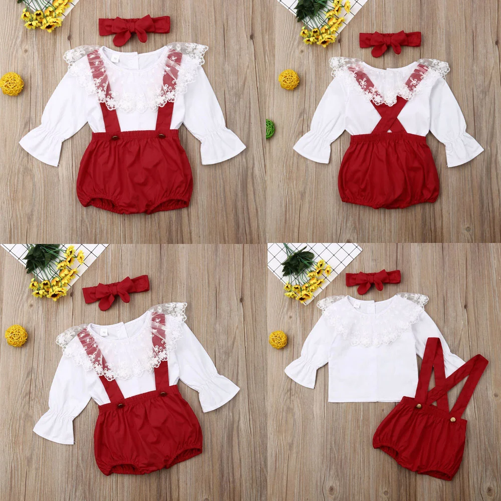 Girls 3Pcs Outfits, Tops + Pants + Headband, Suspender Shorts Clothes Sets