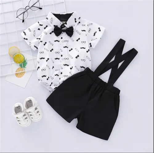 Baby Boy 2PCS Outfit Set, Mustache Bow Romper, Short Solid Color Pants