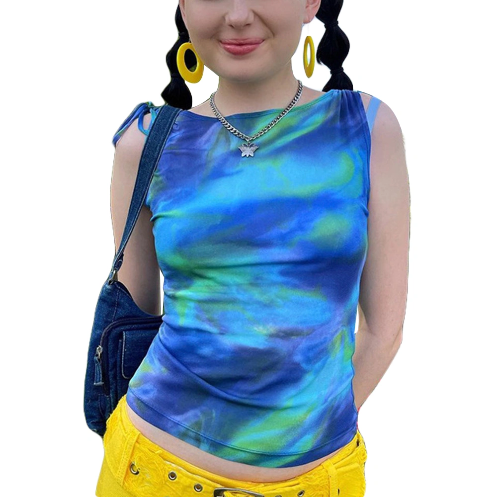 Women Close-fitting Vest, Tie-dyed Printed Pattern Round Collar Tops