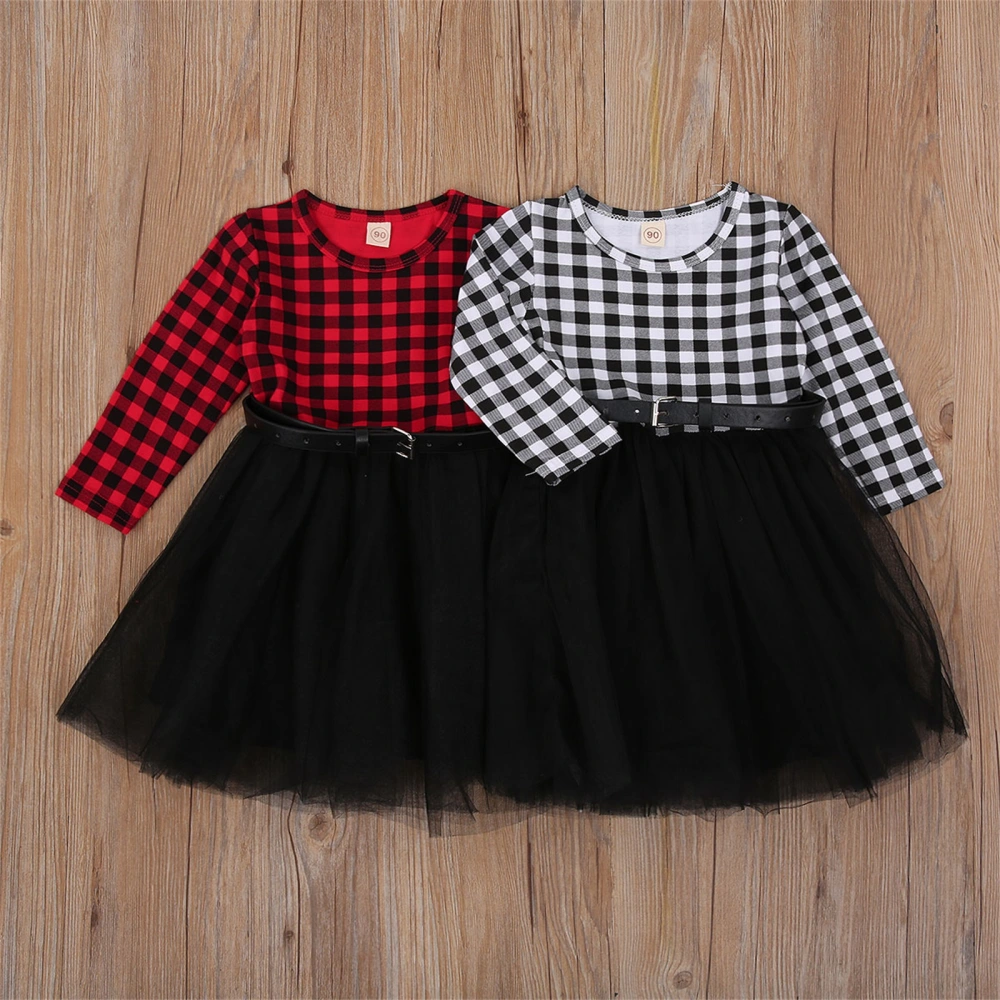 Girls' Suit Check Mesh Ruffle Dress Long Sleeve One Piece Fluffy Skirt