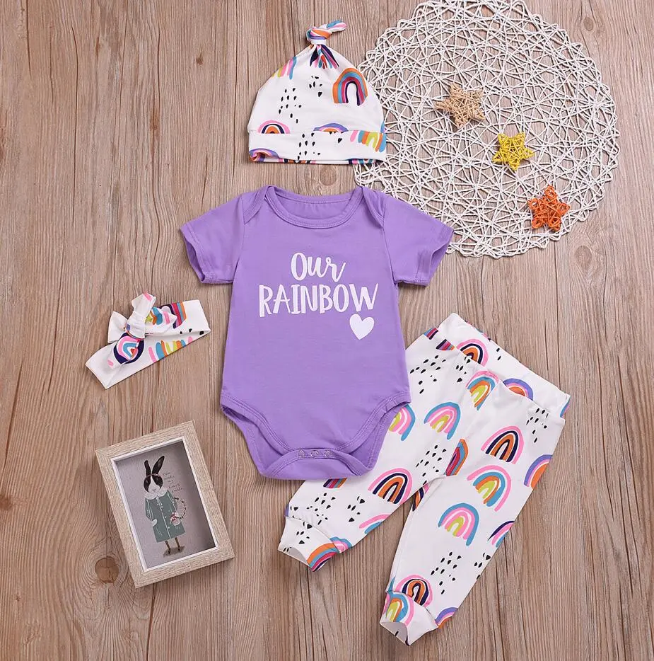 Girl's Letter Printed Romper, Rainbow Long Pants, Headband and Hat