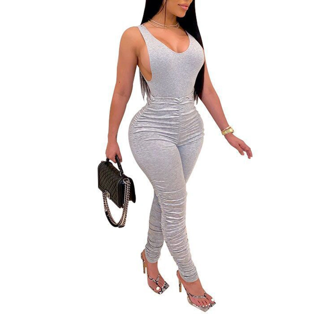 Women Sexy 2 Piece Solid Color V Neck Bodysuit Tops + Long Pants