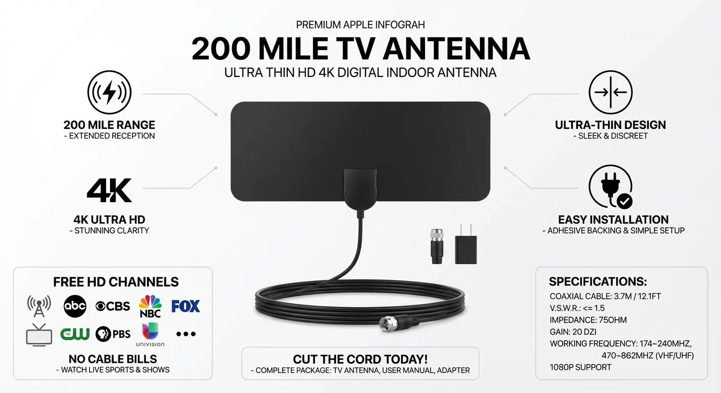 200 Mile TV Antenna Ultra Thin HD 4K Antenna Digital Indoor Antenna
