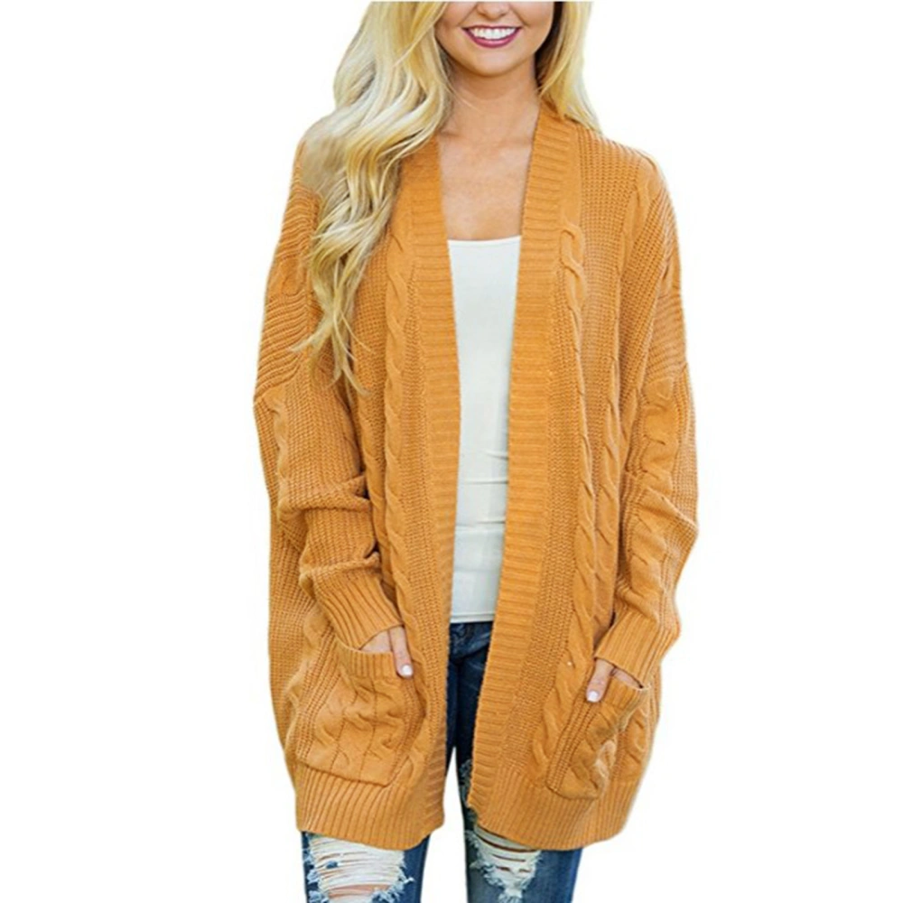 Women Solid Color Knitted Cardigan, Long Sleeve Sweater with Pockets