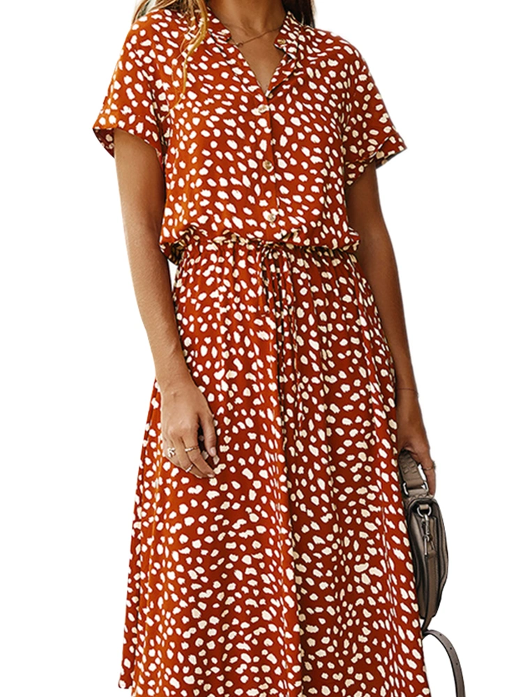 Women Summer Dress, Full Polka Dot Print Stand Collar Leisure Skirt