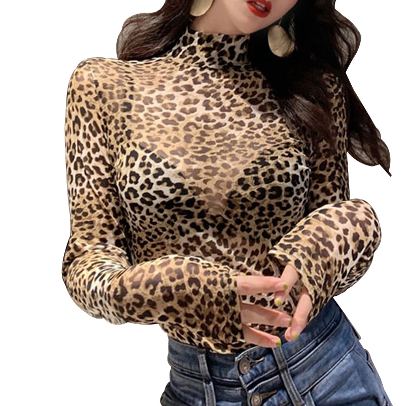 Women's See-Through Tight Tops, Full Sleeve Printed Top Clothes