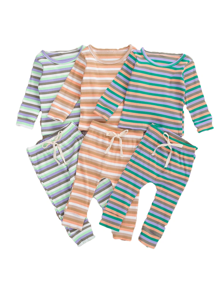 Baby Boys Girls Long Sleeve Striped Top + Elastic Waist Drawstring Trousers