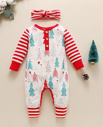 Baby's Christmas 2Pcs Romper Set, Long Sleeve Printed Bodysuit with Hat