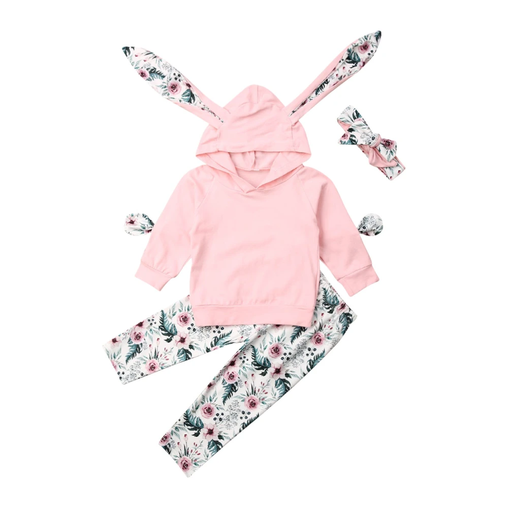 Girls Trousers Suit Long Bunny Ears Hooded Pullover Hairband Stretch Pants Set