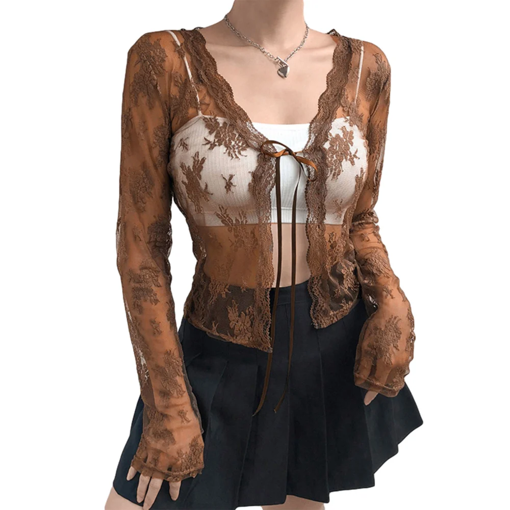 Women's Sheer Shrug, Long Sleeve Tie Up Floral Lace Cropped Cardigan