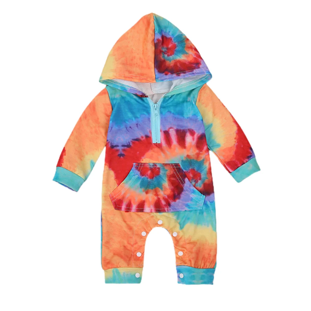 Baby Hooded Romper, Tie-dye Pattern Zipper Closure with Pocket