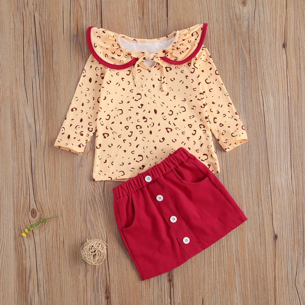 Girl's 2 Pieces Set, Lace Up Doll Collar Leopard Print Tops Skirt