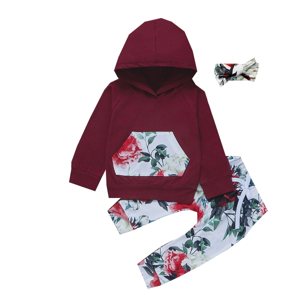 Baby's Flower Hooded Sweatshirt Tops with Long Pants and Headband