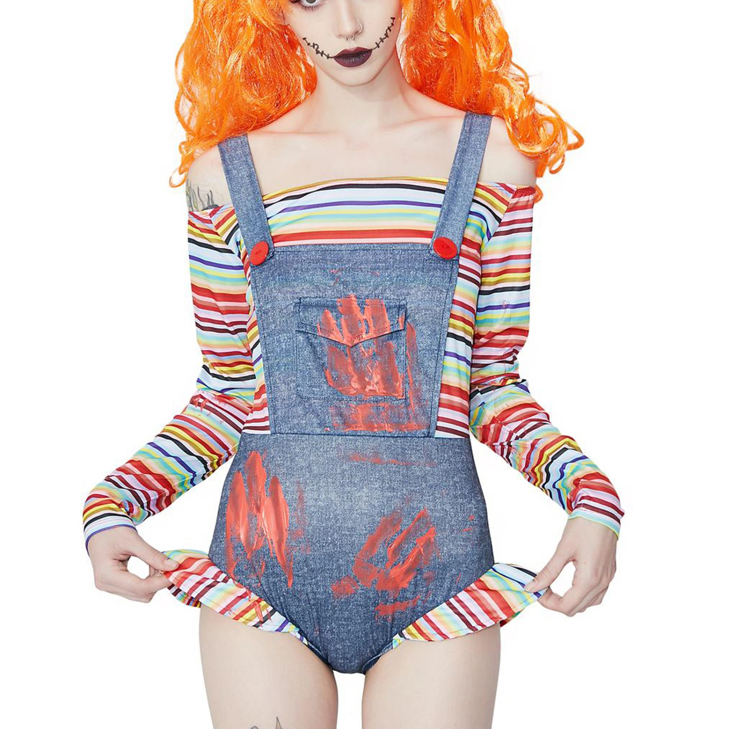 Halloween Women Clown Costumes Cold Shoulder Stripe Ruffle Jumpsuit