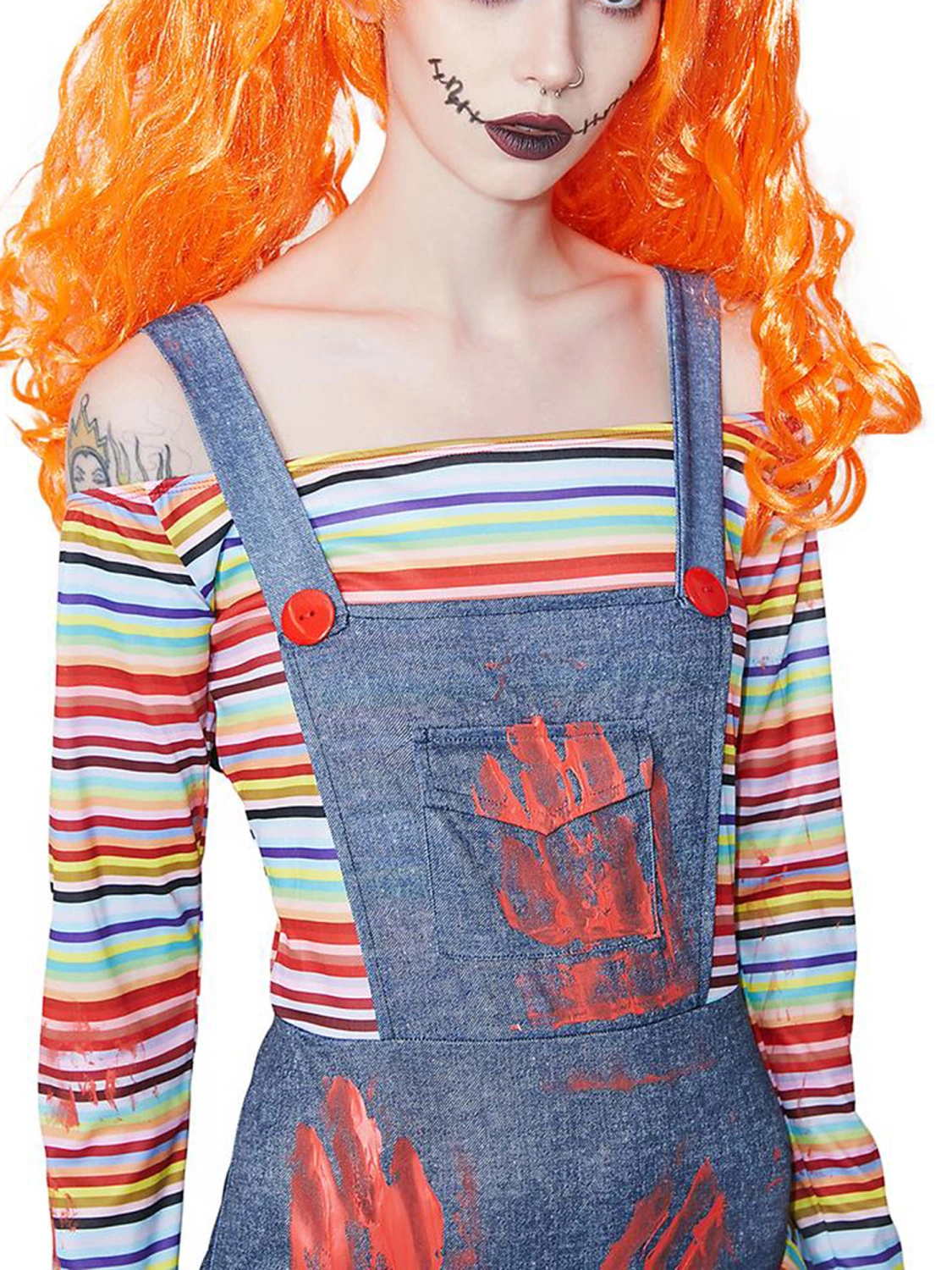 Halloween Women Clown Costumes Cold Shoulder Stripe Ruffle Jumpsuit