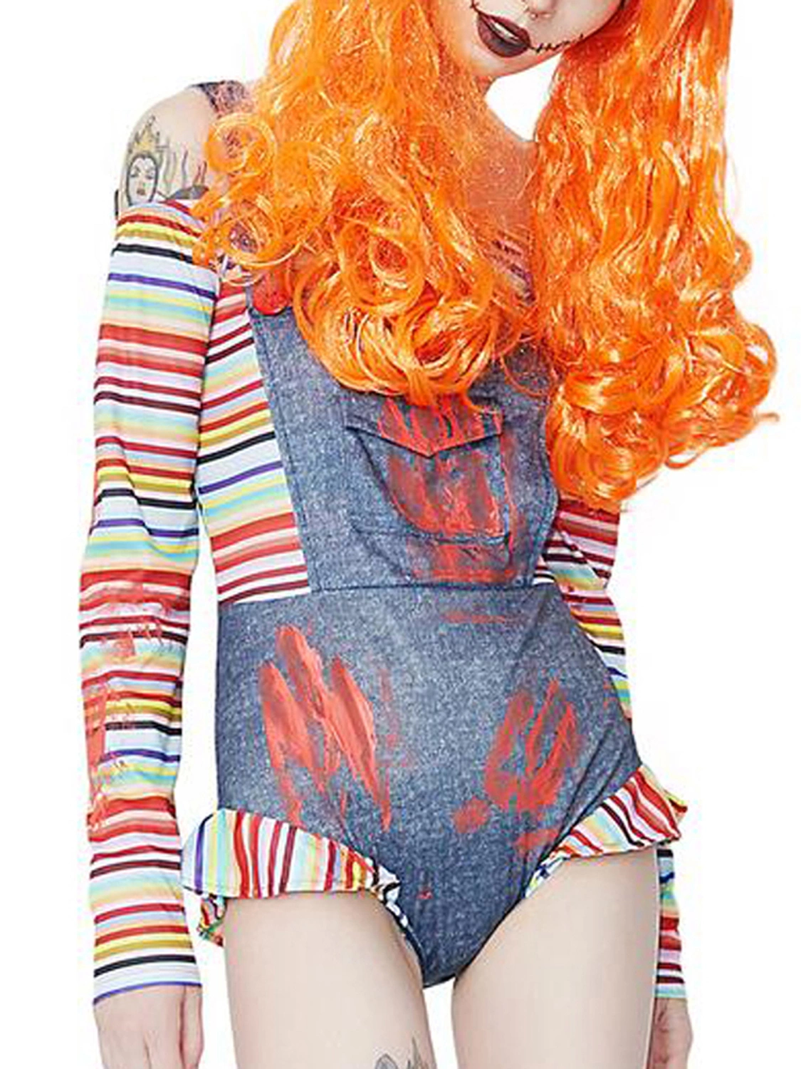 Halloween Women Clown Costumes Cold Shoulder Stripe Ruffle Jumpsuit