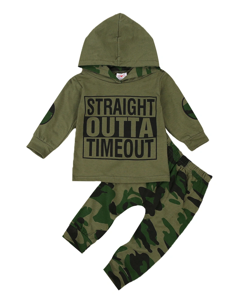 2 Pcs Casual Outfits, Long Sleeve Letter Print Hooded Top + Camouflage Trousers