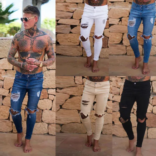 Men 's Denim Pencil Pants, Slim Distressed Destroyed Zipper Stretch Ripped Jeans