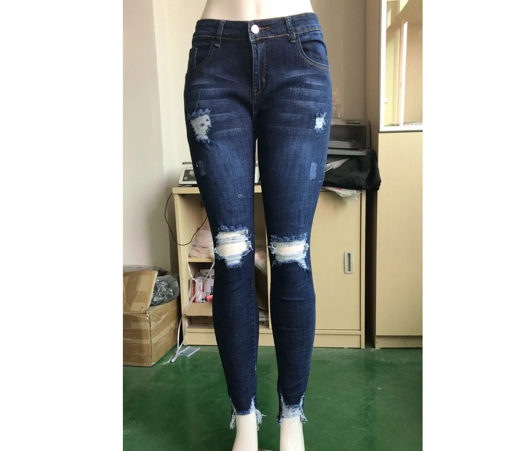 Women Denim Trousers, Ripped Waist Side Pocket Stretch Jeans Pants