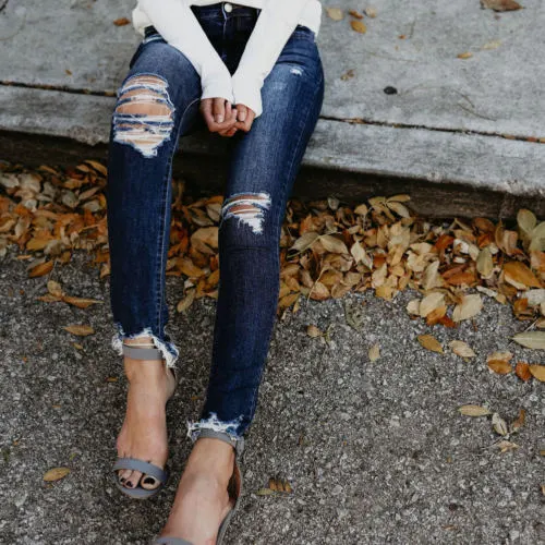 Women Denim Trousers, Ripped Waist Side Pocket Stretch Jeans Pants