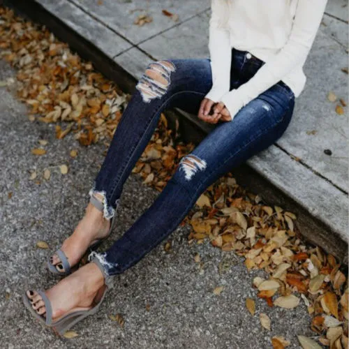 Women Denim Trousers, Ripped Waist Side Pocket Stretch Jeans Pants