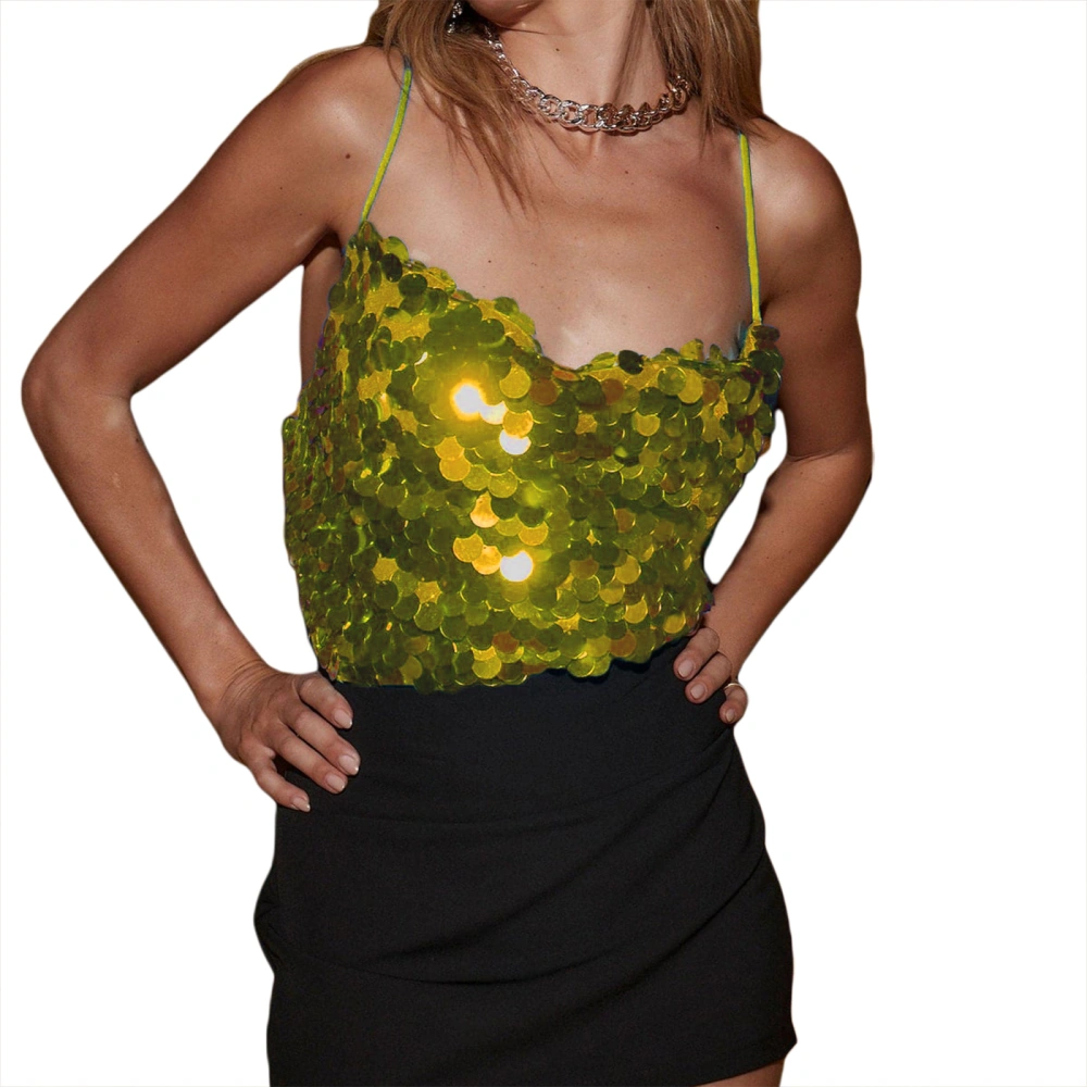 Women Spaghetti Strap Camisoles Sequins Sleeveless Cross Tie-Up Vest