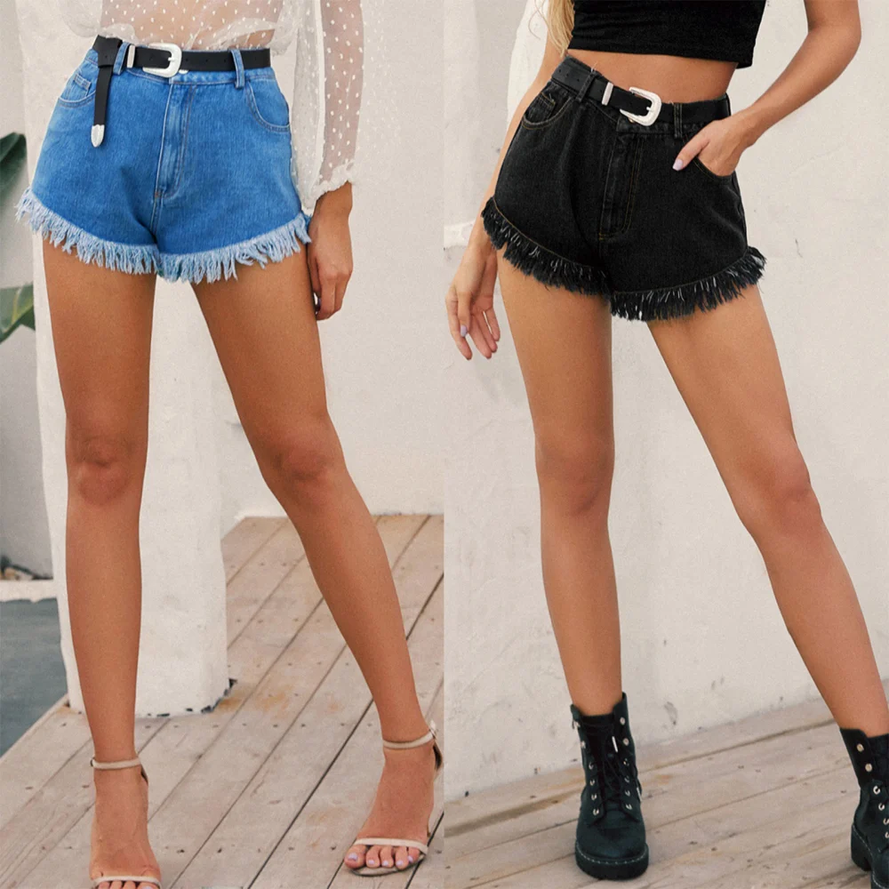 Women's Shorts, High Waist Jeans Solid Color Tassels Short Pants