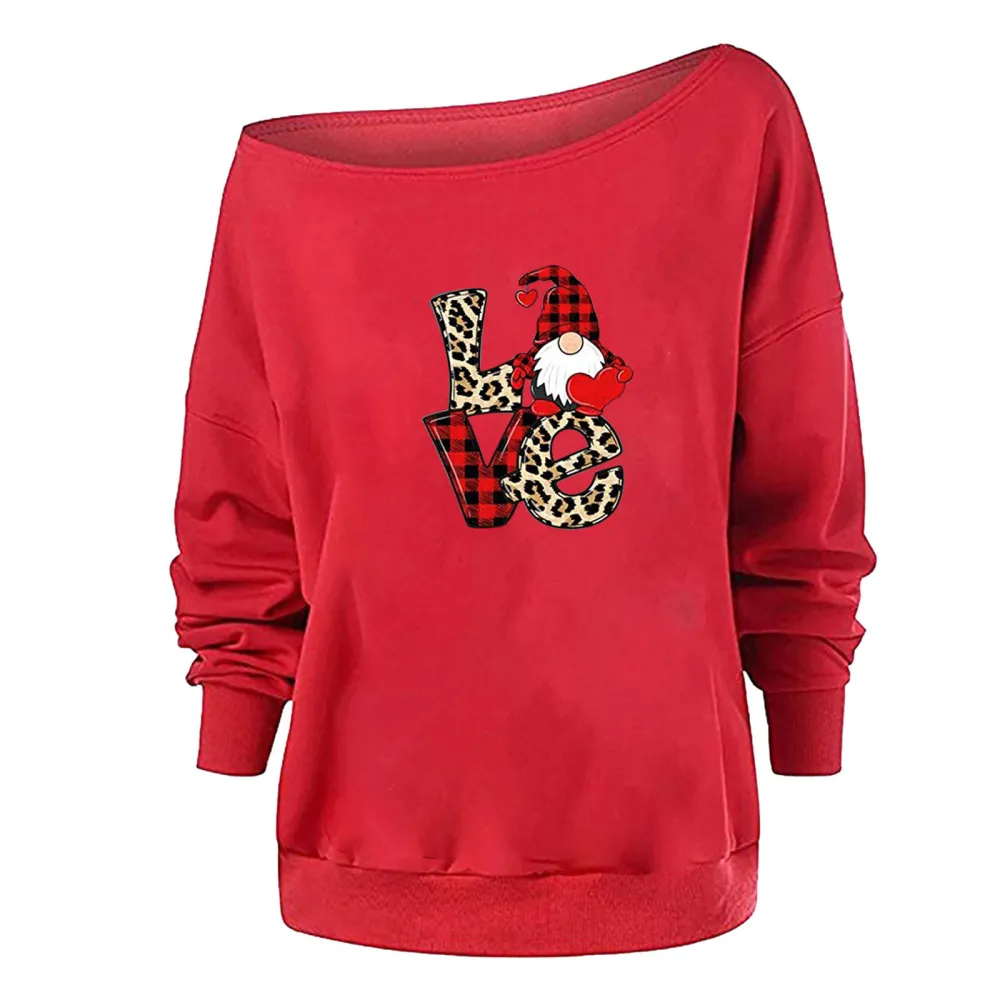 Women Letter Dwarf Print Tops, Loose Long Sleeve Off-shoulder Pullover