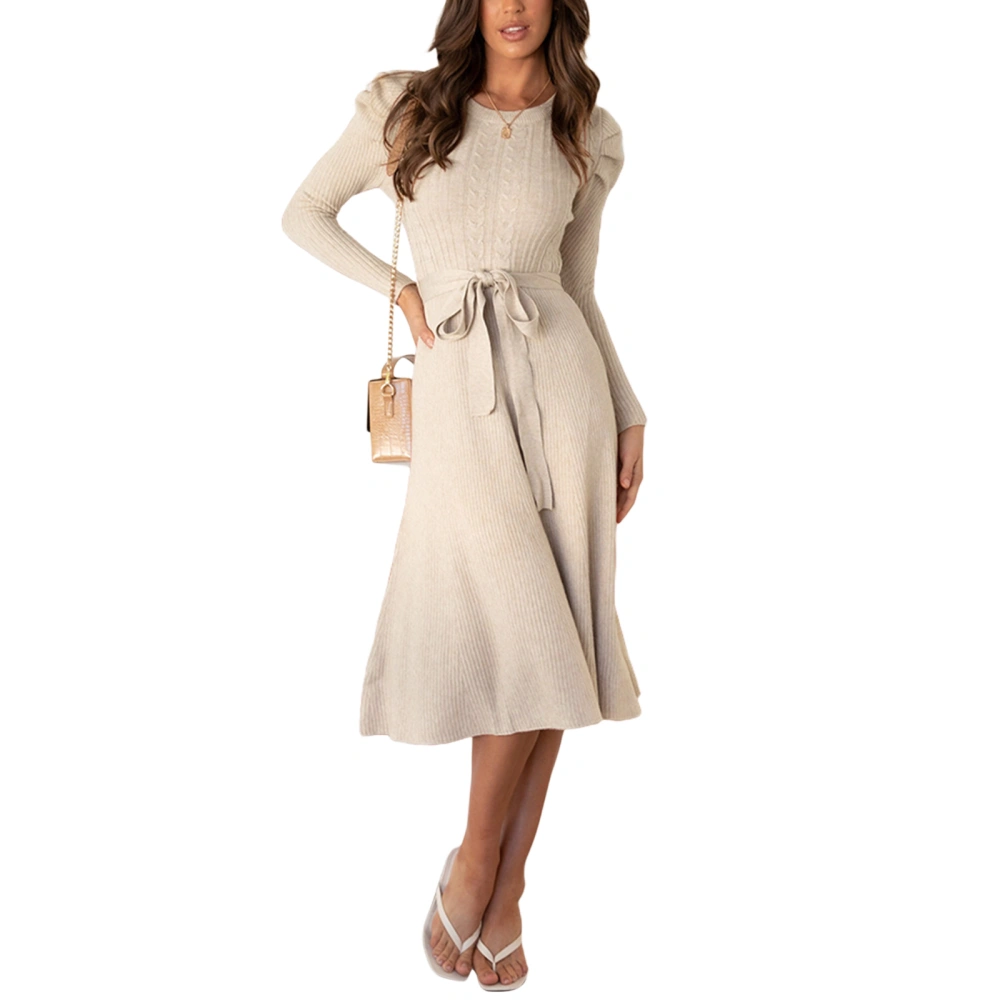 Women's Knit Midi Dress, Long Puff Sleeve Solid Color Tie Back Dress